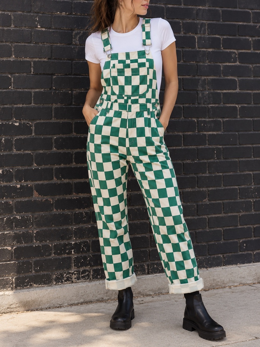 Green & Cream Checkerboard Utility Overalls